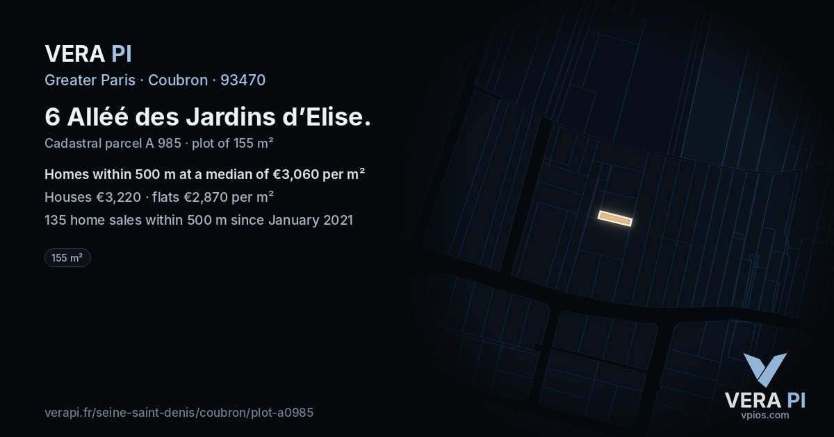 6 Alléé des Jardins d’Elise, Coubron at night – the plot lit, the parcels around coloured by the prices near them
