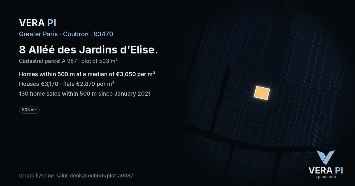 8 Alléé des Jardins d’Elise, Coubron at night – the plot lit, the parcels around coloured by the prices near them