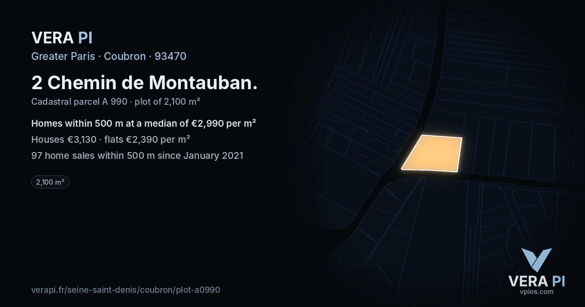 2 Chemin de Montauban, Coubron at night – the plot lit, the parcels around coloured by the prices near them