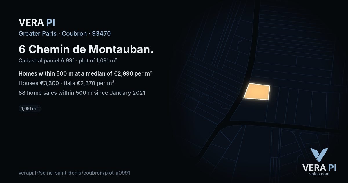 6 Chemin de Montauban, Coubron at night – the plot lit, the parcels around coloured by the prices near them