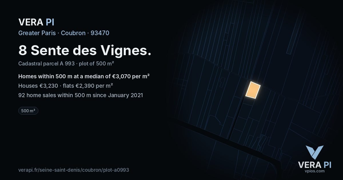 8 Sente des Vignes, Coubron at night – the plot lit, the parcels around coloured by the prices near them