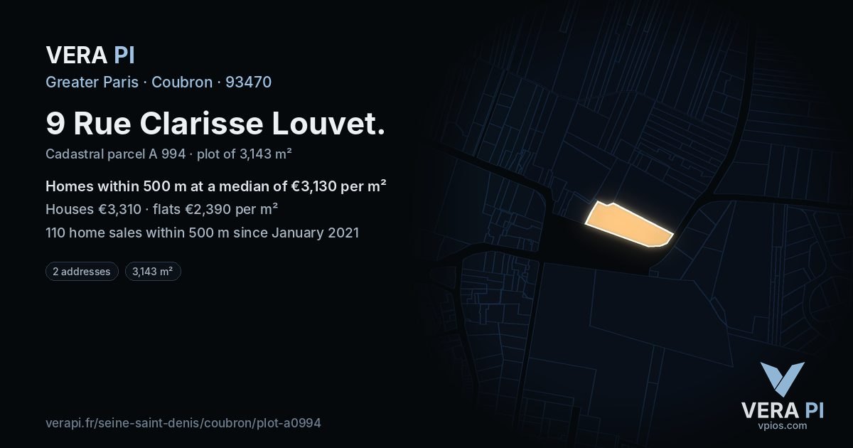 9 Rue Clarisse Louvet, Coubron at night – the plot lit, the parcels around coloured by the prices near them