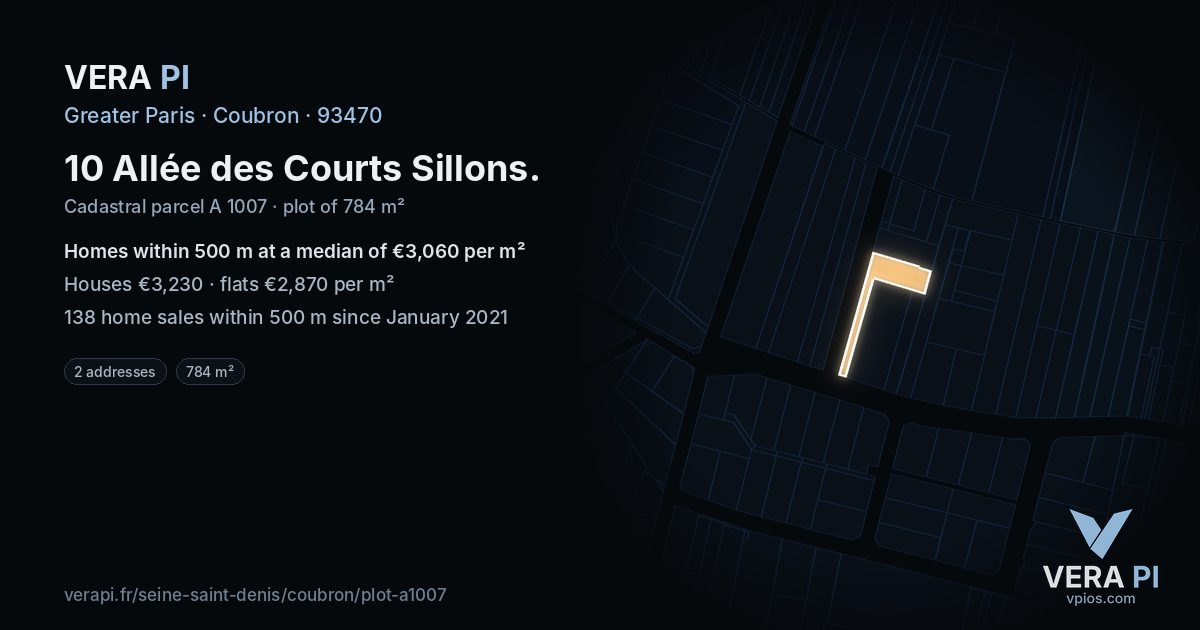 10 Allée des Courts Sillons, Coubron at night – the plot lit, the parcels around coloured by the prices near them