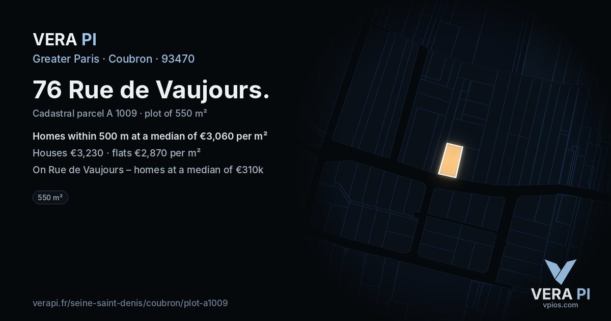76 Rue de Vaujours, Coubron at night – the plot lit, the parcels around coloured by the prices near them