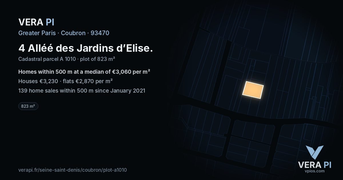 4 Alléé des Jardins d’Elise, Coubron at night – the plot lit, the parcels around coloured by the prices near them