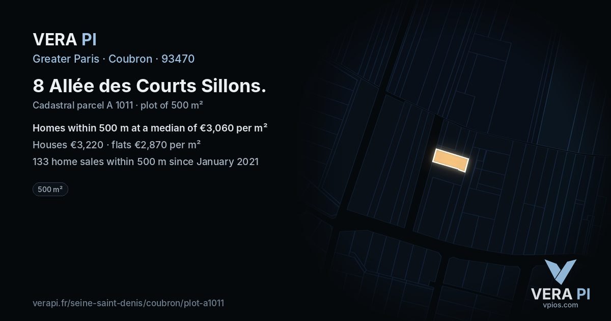8 Allée des Courts Sillons, Coubron at night – the plot lit, the parcels around coloured by the prices near them