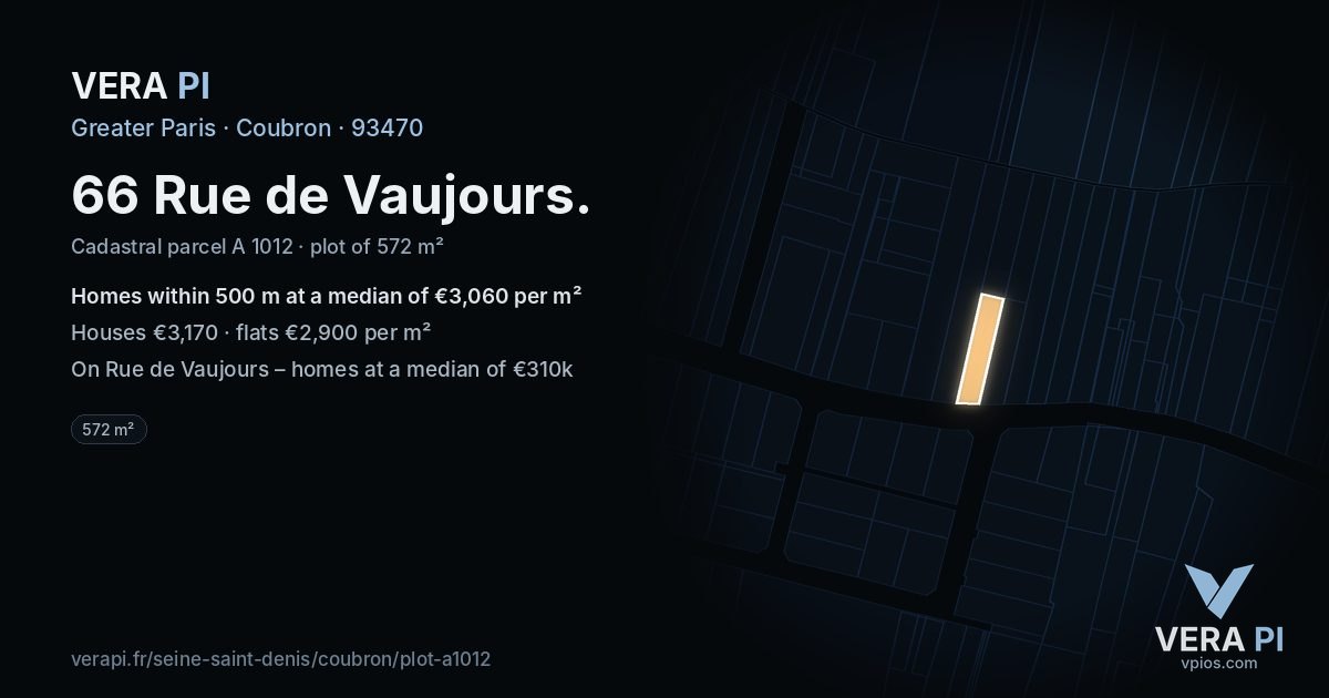 66 Rue de Vaujours, Coubron at night – the plot lit, the parcels around coloured by the prices near them