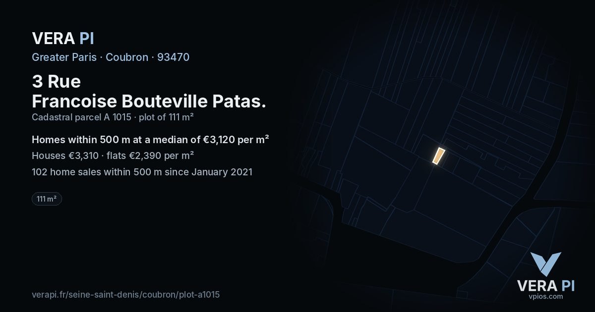 3 Rue Francoise Bouteville Patas, Coubron at night – the plot lit, the parcels around coloured by the prices near them