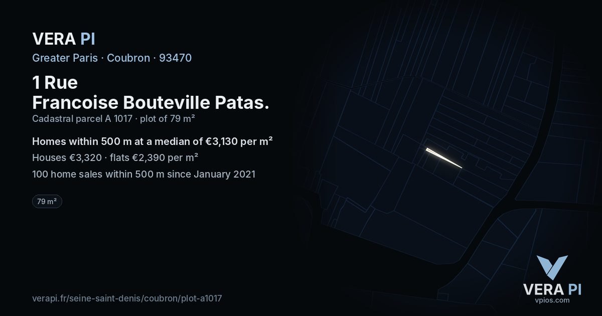 1 Rue Francoise Bouteville Patas, Coubron at night – the plot lit, the parcels around coloured by the prices near them