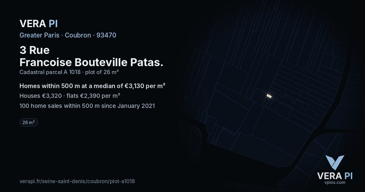 3 Rue Francoise Bouteville Patas, Coubron at night – the plot lit, the parcels around coloured by the prices near them