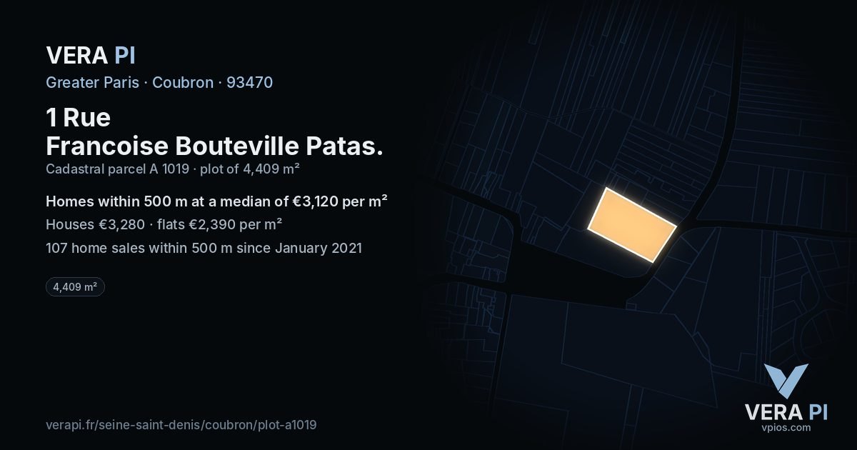1 Rue Francoise Bouteville Patas, Coubron at night – the plot lit, the parcels around coloured by the prices near them