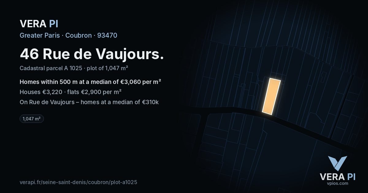 46 Rue de Vaujours, Coubron at night – the plot lit, the parcels around coloured by the prices near them