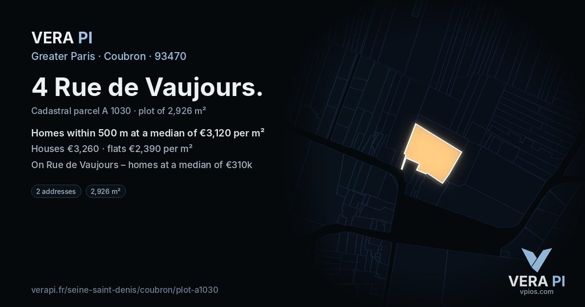 4 Rue de Vaujours, Coubron at night – the plot lit, the parcels around coloured by the prices near them