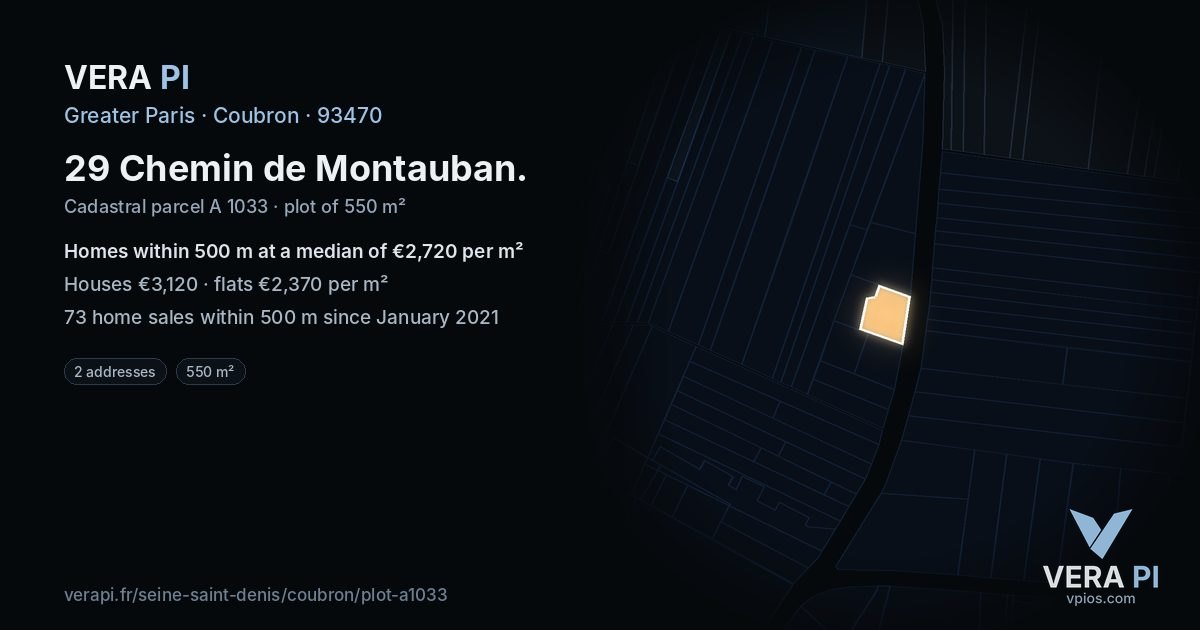 29 Chemin de Montauban, Coubron at night – the plot lit, the parcels around coloured by the prices near them