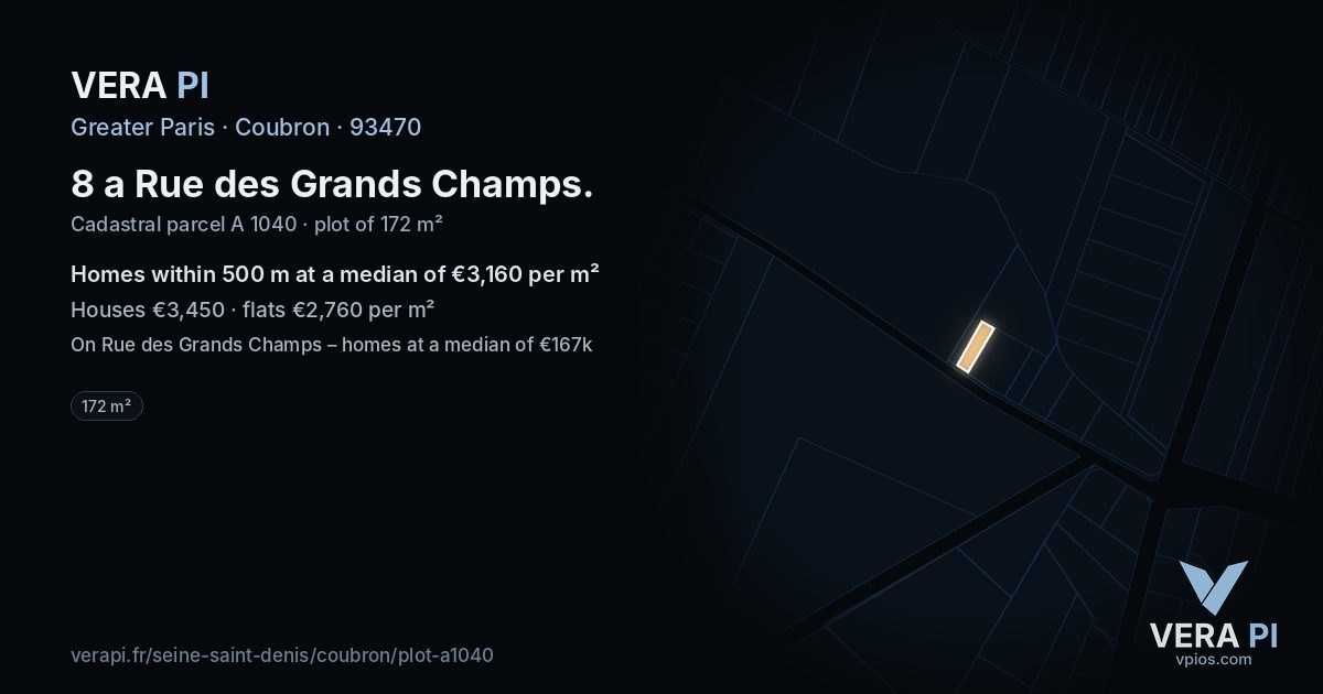 8 a Rue des Grands Champs, Coubron at night – the plot lit, the parcels around coloured by the prices near them