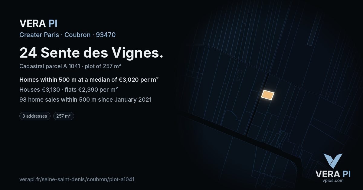 24 Sente des Vignes, Coubron at night – the plot lit, the parcels around coloured by the prices near them