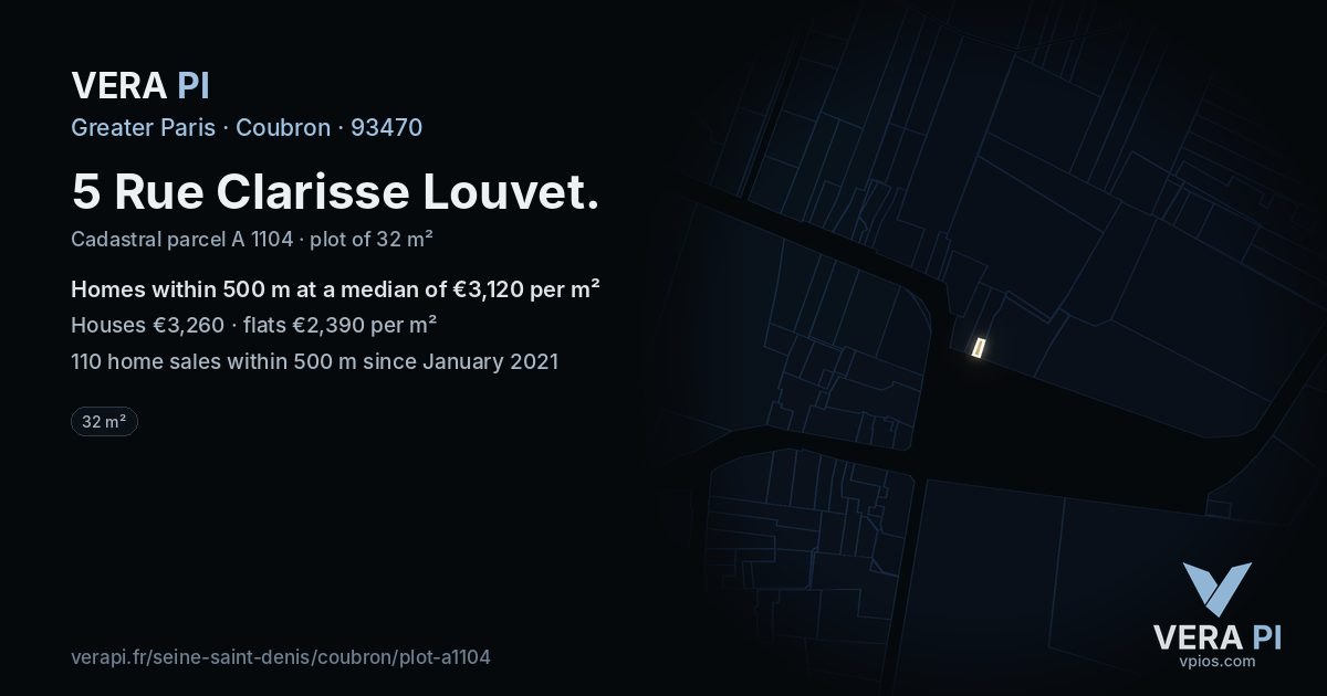 5 Rue Clarisse Louvet, Coubron at night – the plot lit, the parcels around coloured by the prices near them