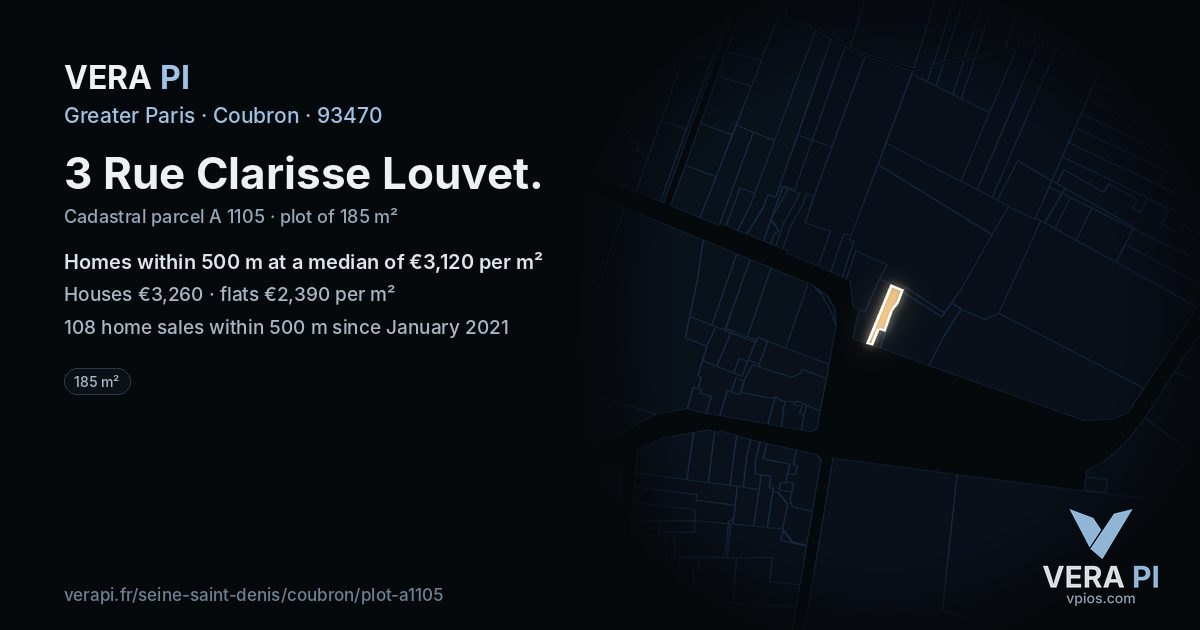 3 Rue Clarisse Louvet, Coubron at night – the plot lit, the parcels around coloured by the prices near them