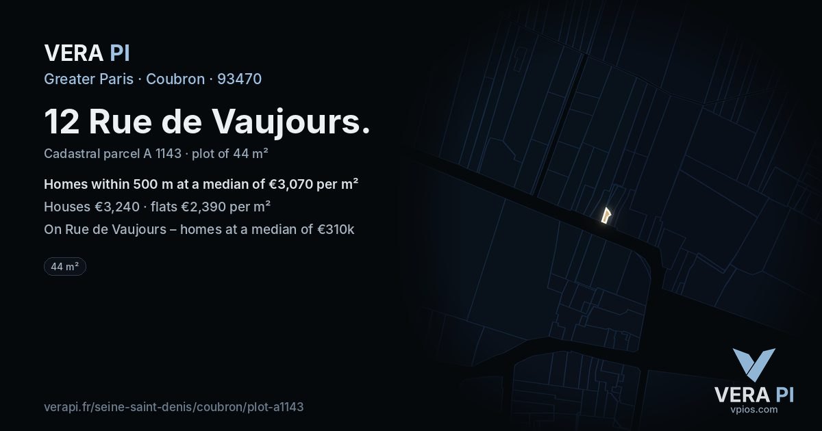 12 Rue de Vaujours, Coubron at night – the plot lit, the parcels around coloured by the prices near them