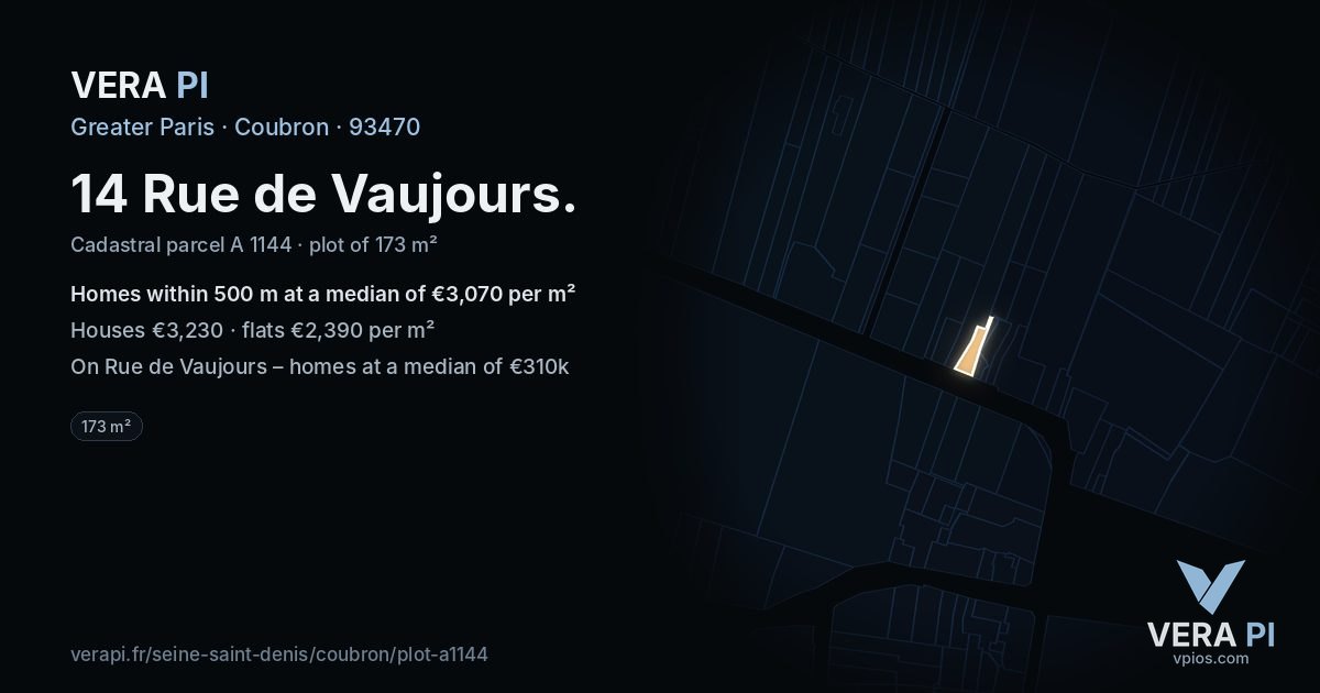 14 Rue de Vaujours, Coubron at night – the plot lit, the parcels around coloured by the prices near them