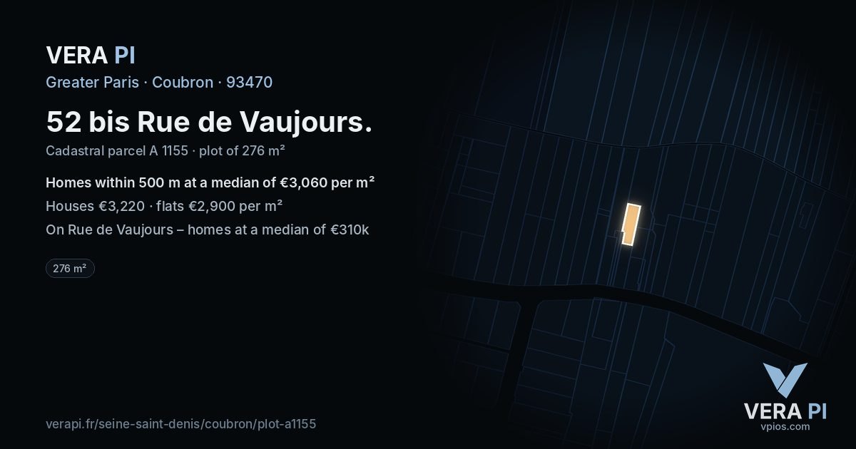 52 bis Rue de Vaujours, Coubron at night – the plot lit, the parcels around coloured by the prices near them