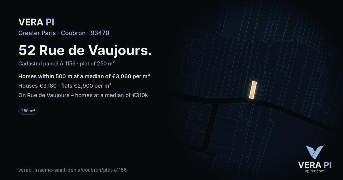 52 Rue de Vaujours, Coubron at night – the plot lit, the parcels around coloured by the prices near them
