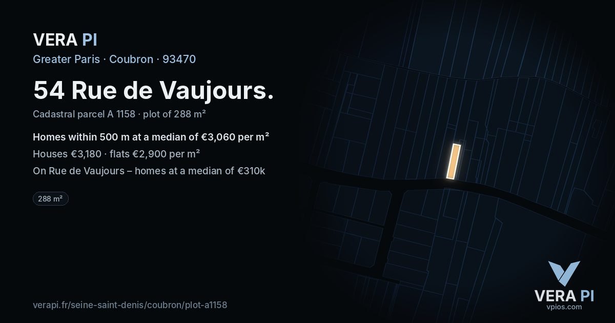 54 Rue de Vaujours, Coubron at night – the plot lit, the parcels around coloured by the prices near them
