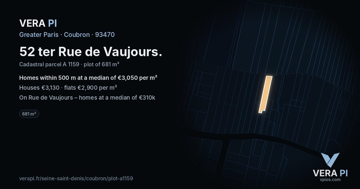 52 ter Rue de Vaujours, Coubron at night – the plot lit, the parcels around coloured by the prices near them