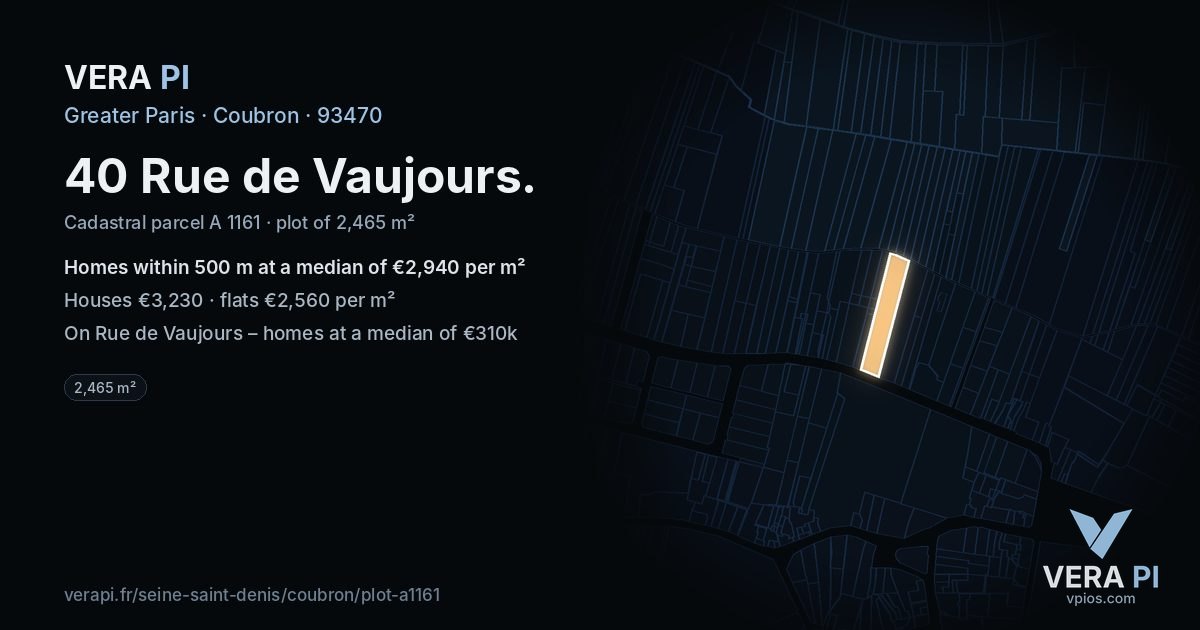 40 Rue de Vaujours, Coubron at night – the plot lit, the parcels around coloured by the prices near them