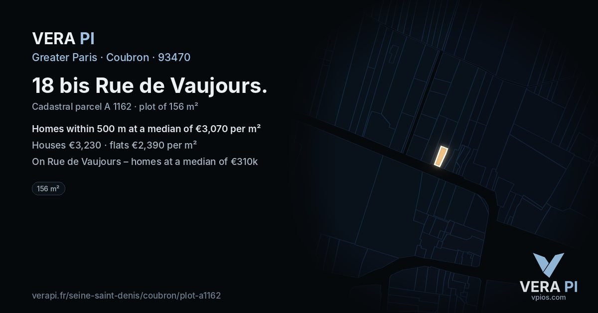 18 bis Rue de Vaujours, Coubron at night – the plot lit, the parcels around coloured by the prices near them