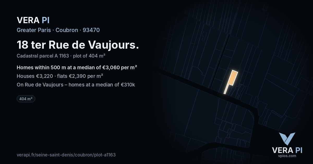 18 ter Rue de Vaujours, Coubron at night – the plot lit, the parcels around coloured by the prices near them