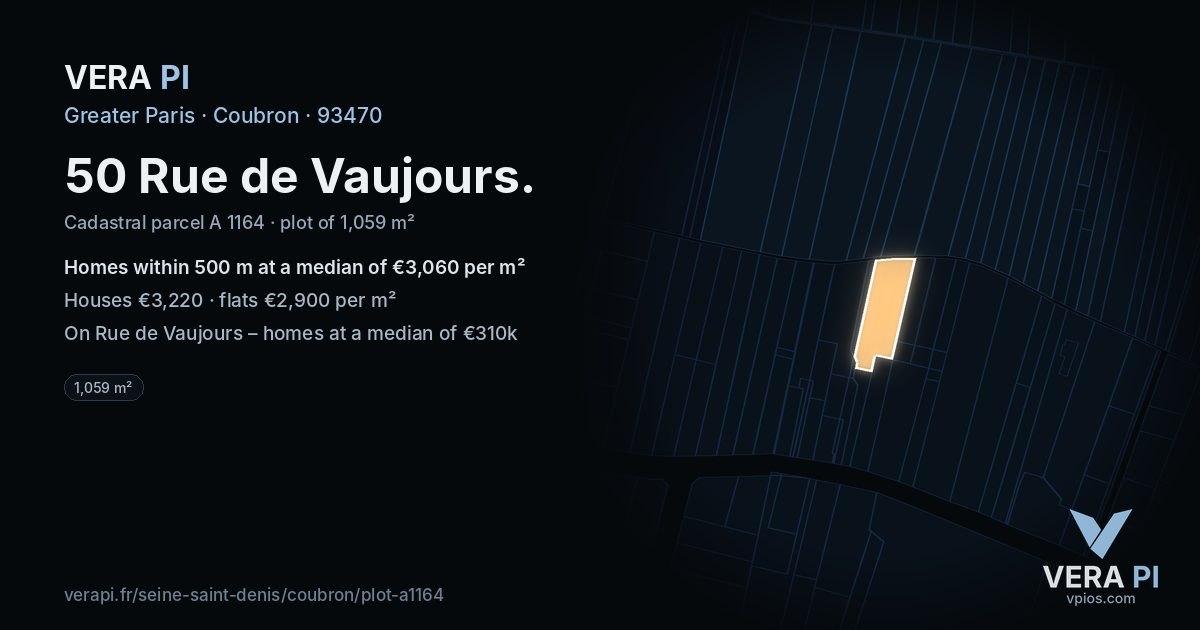 50 Rue de Vaujours, Coubron at night – the plot lit, the parcels around coloured by the prices near them