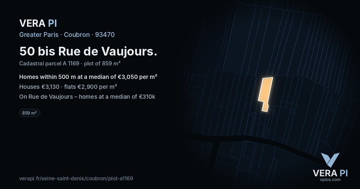 50 bis Rue de Vaujours, Coubron at night – the plot lit, the parcels around coloured by the prices near them