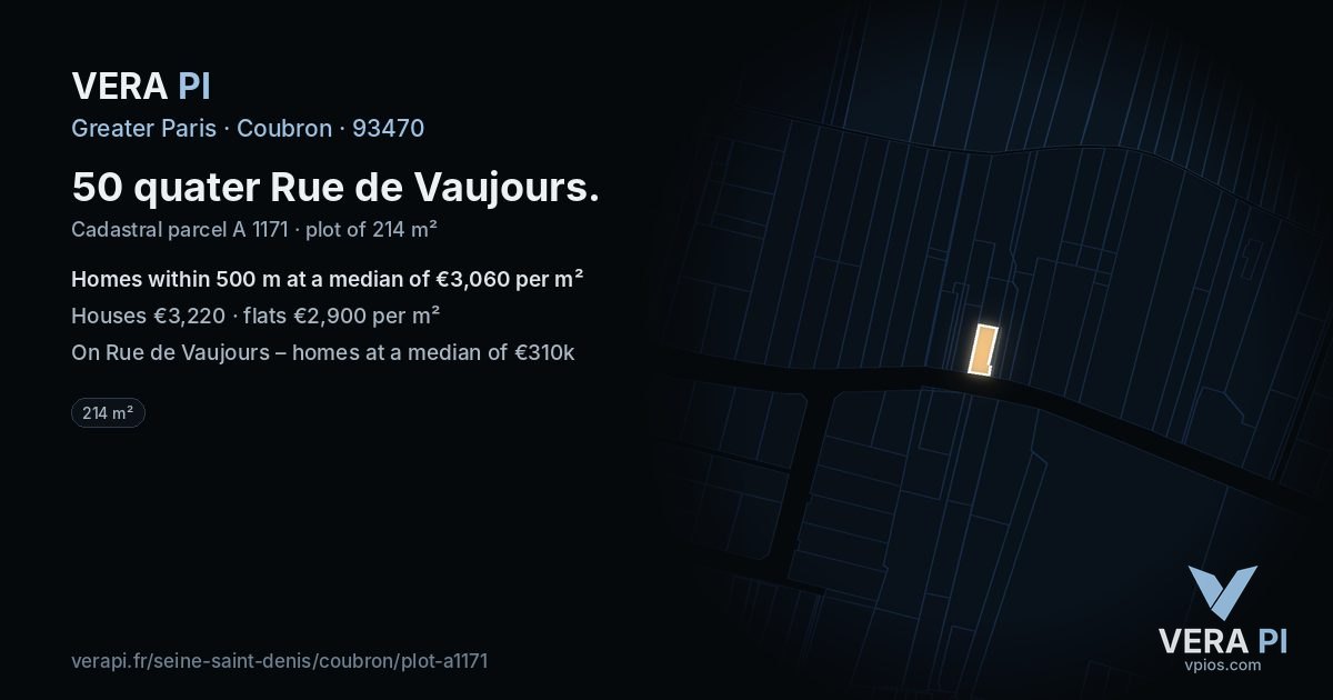 50 quater Rue de Vaujours, Coubron at night – the plot lit, the parcels around coloured by the prices near them