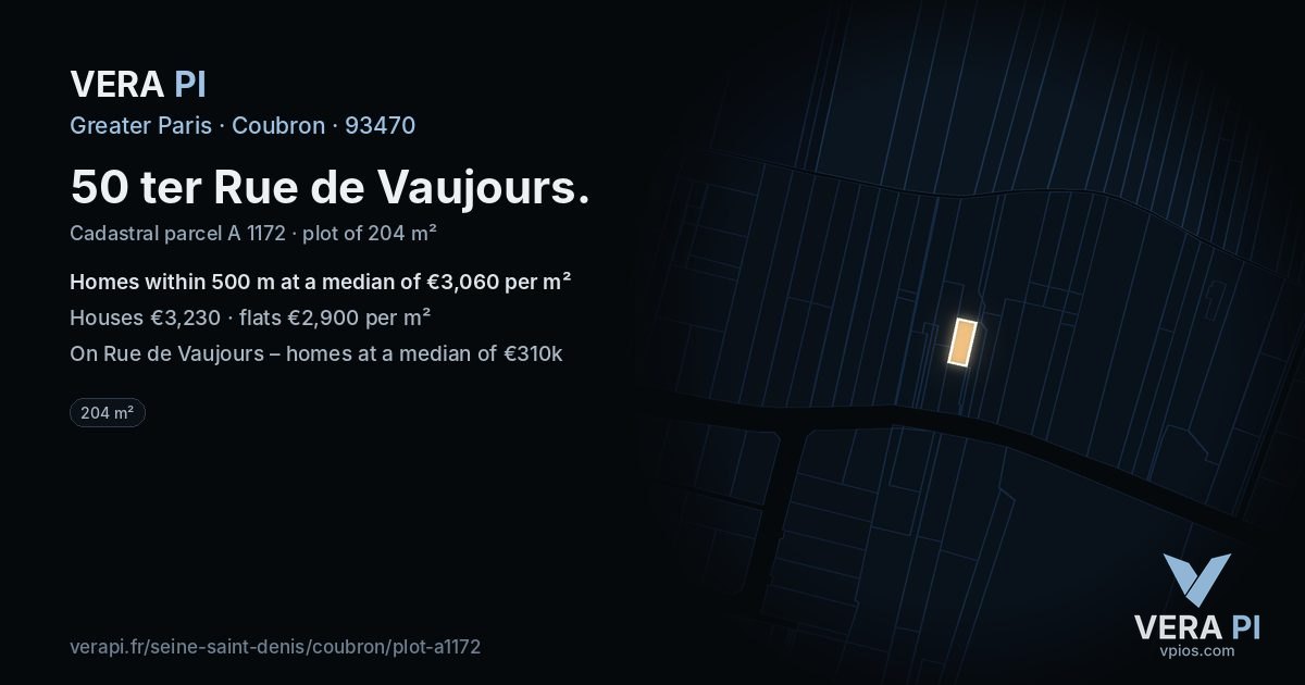50 ter Rue de Vaujours, Coubron at night – the plot lit, the parcels around coloured by the prices near them