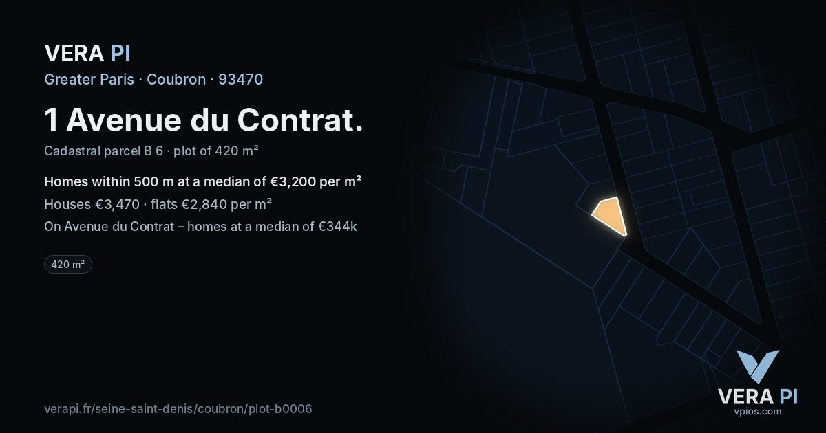 1 Avenue du Contrat, Coubron at night – the plot lit, the parcels around coloured by the prices near them