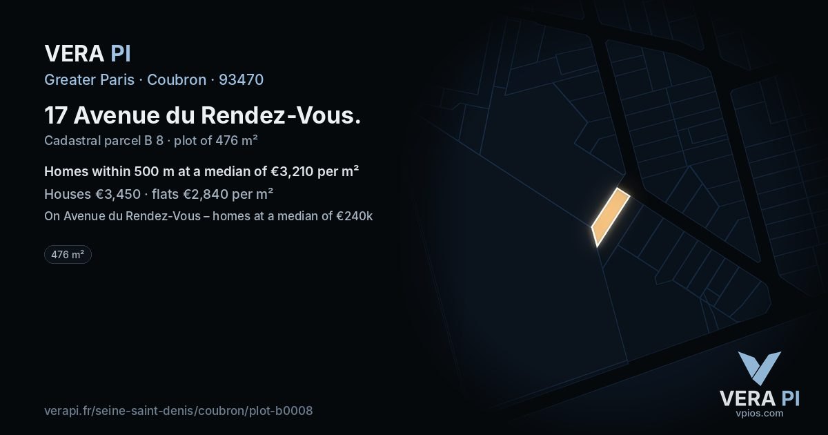 17 Avenue du Rendez-Vous, Coubron at night – the plot lit, the parcels around coloured by the prices near them