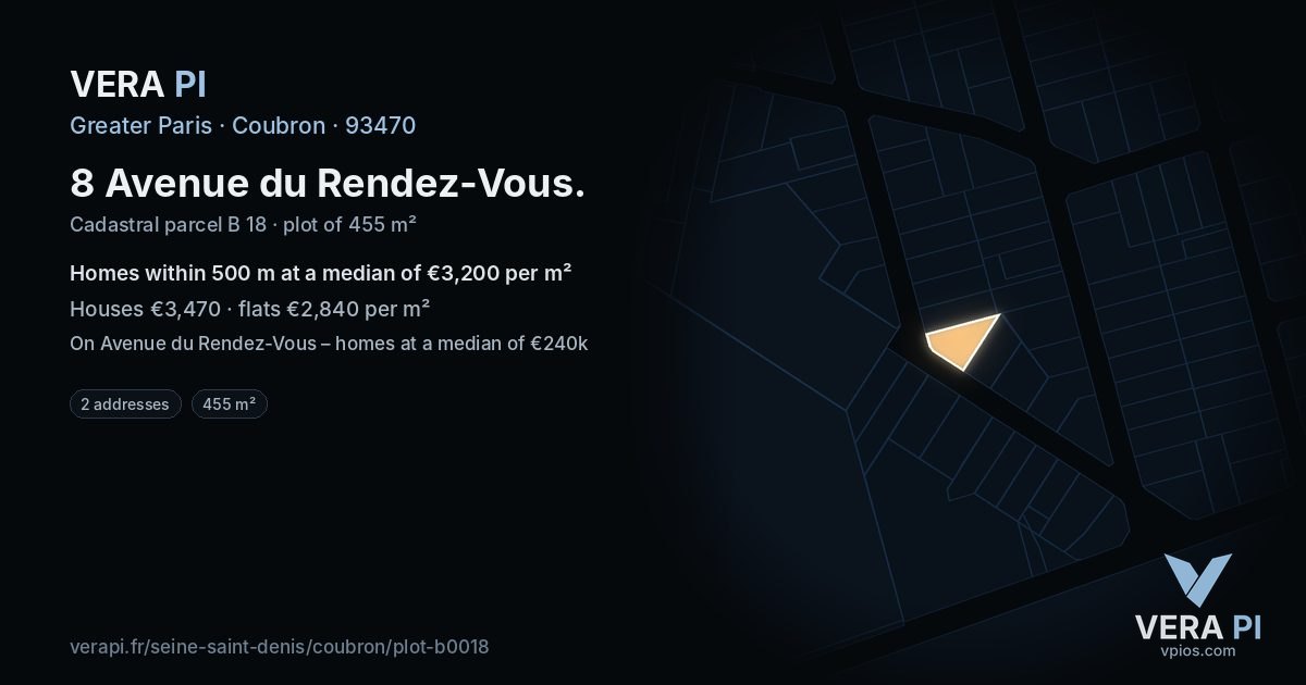 8 Avenue du Rendez-Vous, Coubron at night – the plot lit, the parcels around coloured by the prices near them