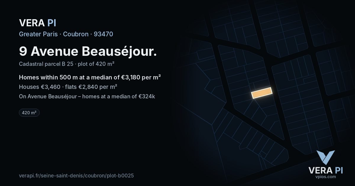 9 Avenue Beauséjour, Coubron at night – the plot lit, the parcels around coloured by the prices near them