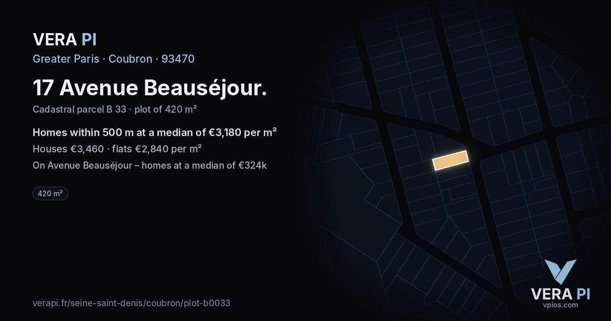 17 Avenue Beauséjour, Coubron at night – the plot lit, the parcels around coloured by the prices near them