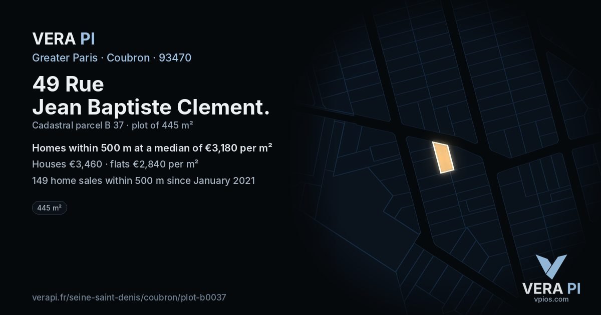 49 Rue Jean Baptiste Clement, Coubron at night – the plot lit, the parcels around coloured by the prices near them
