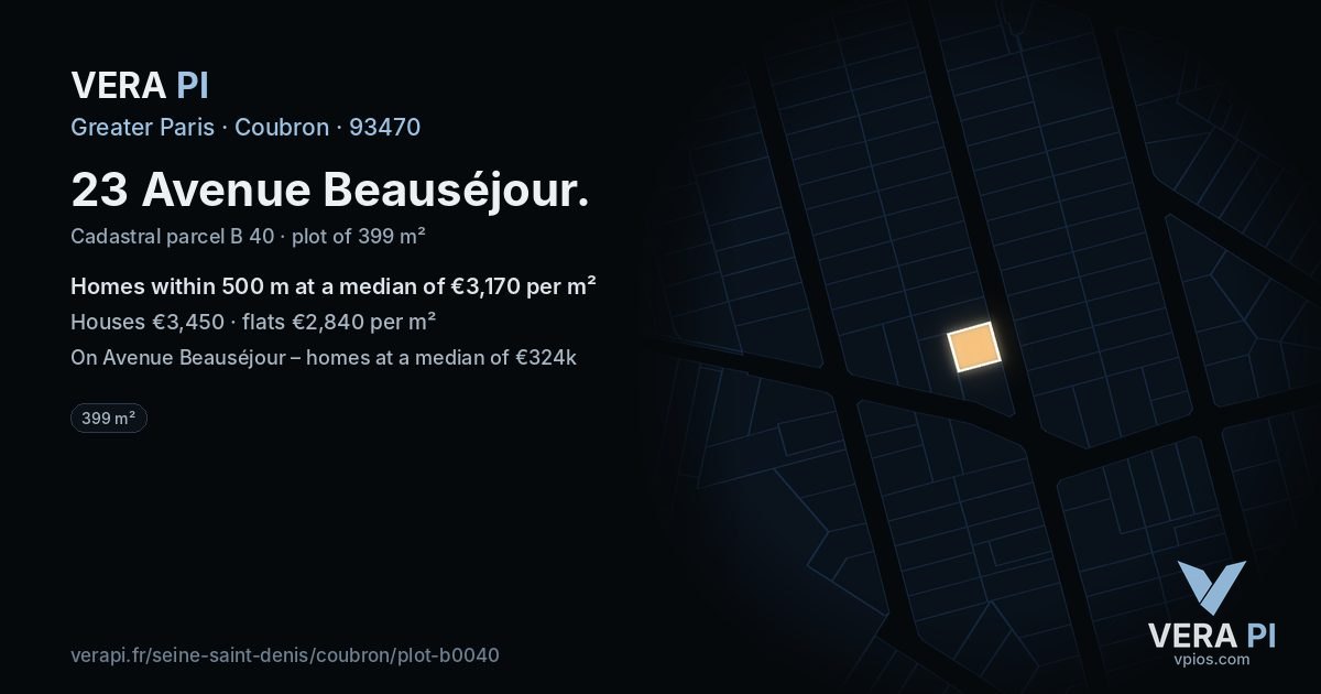 23 Avenue Beauséjour, Coubron at night – the plot lit, the parcels around coloured by the prices near them