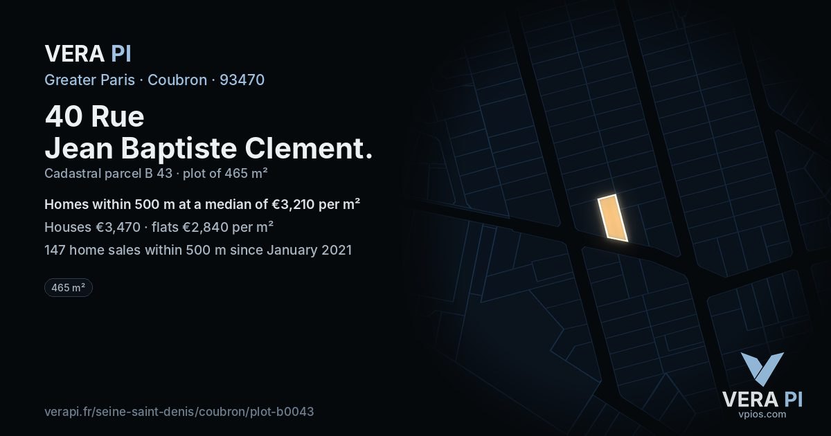 40 Rue Jean Baptiste Clement, Coubron at night – the plot lit, the parcels around coloured by the prices near them