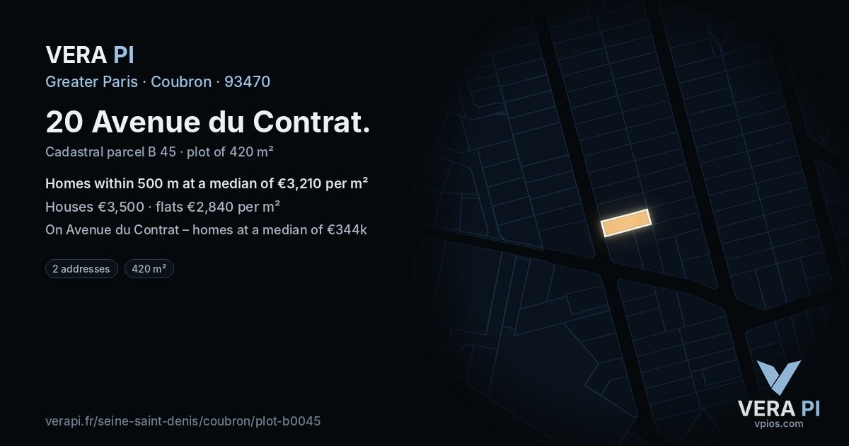 20 Avenue du Contrat, Coubron at night – the plot lit, the parcels around coloured by the prices near them