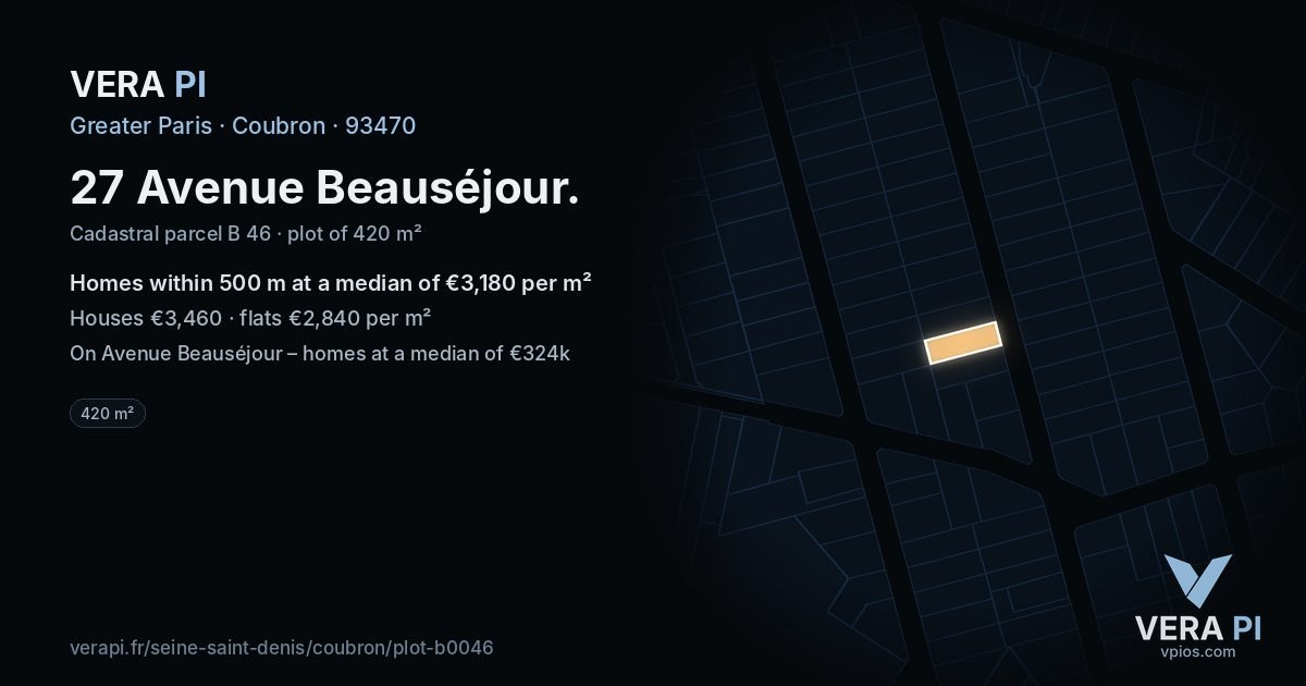 27 Avenue Beauséjour, Coubron at night – the plot lit, the parcels around coloured by the prices near them