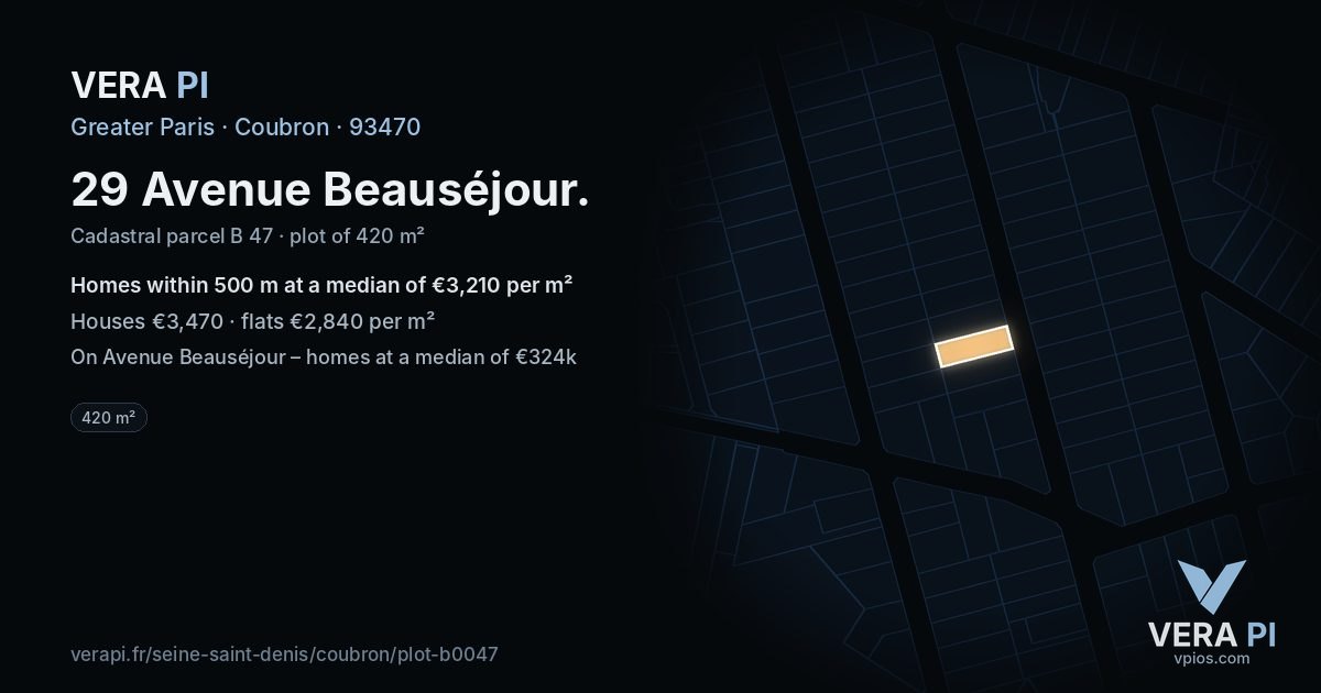 29 Avenue Beauséjour, Coubron at night – the plot lit, the parcels around coloured by the prices near them