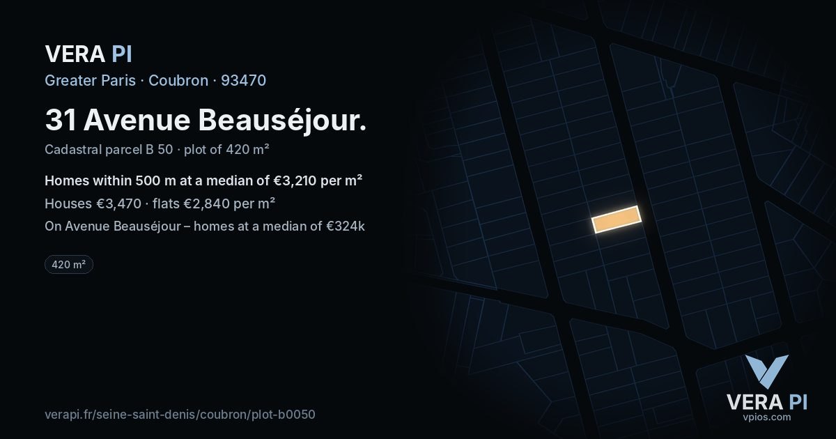 31 Avenue Beauséjour, Coubron at night – the plot lit, the parcels around coloured by the prices near them