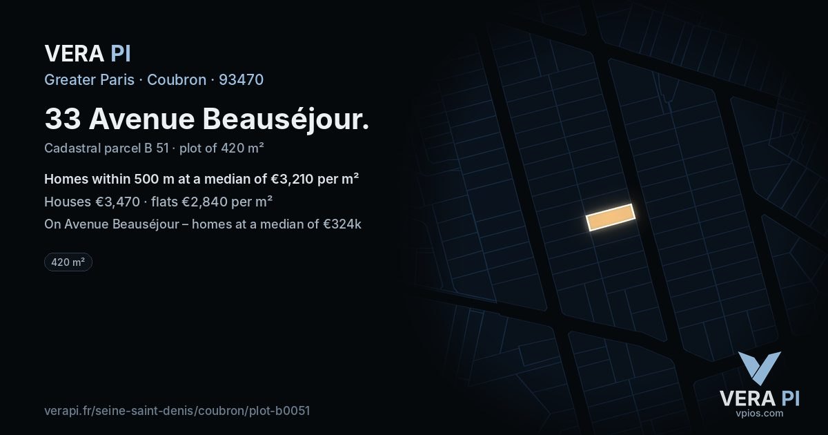 33 Avenue Beauséjour, Coubron at night – the plot lit, the parcels around coloured by the prices near them