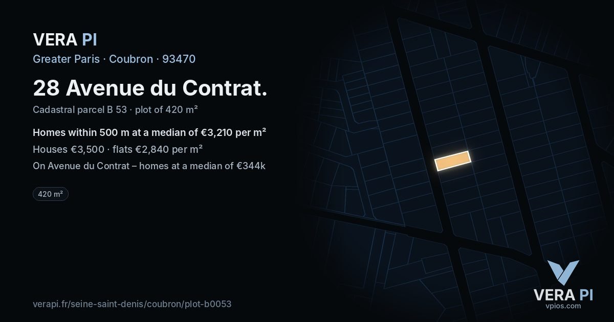 28 Avenue du Contrat, Coubron at night – the plot lit, the parcels around coloured by the prices near them