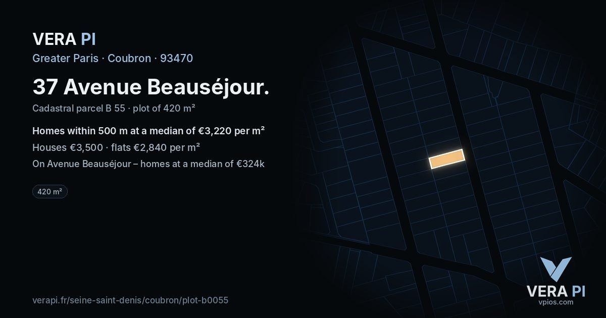 37 Avenue Beauséjour, Coubron at night – the plot lit, the parcels around coloured by the prices near them